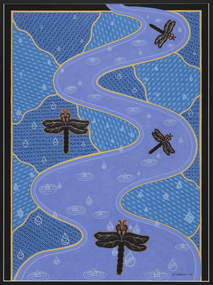 Painting of dragonflies flying over a river