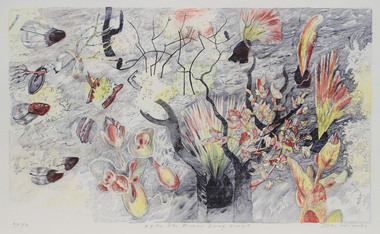 A lithograph that shows flowers bursting into bloom after a fire