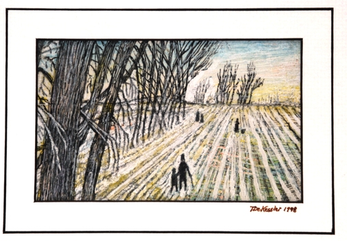 Landscape with five people in a field and tall trees.