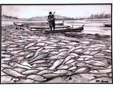 A figure fishing among piles of dead fish. 