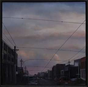 Cityscape at dusk.  