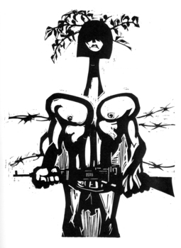  A make figure holding a gun. 