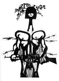  A make figure holding a gun. 