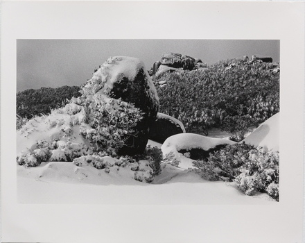 Black and white photograph of alpine landscape