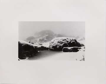 Black and white photograph of alpine landscape
