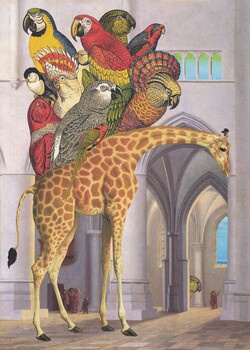 Collage of a giraffe with birds on its back