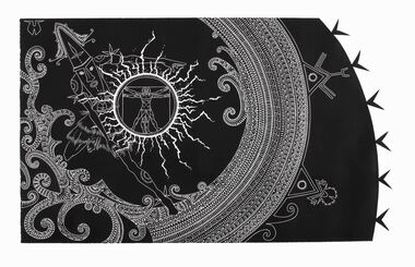Black and white print of representation of vitruvian man with surrounding patterns.