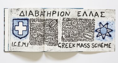 Artist book, open on page with various text and images, including "GREEK MASS SCHEME".