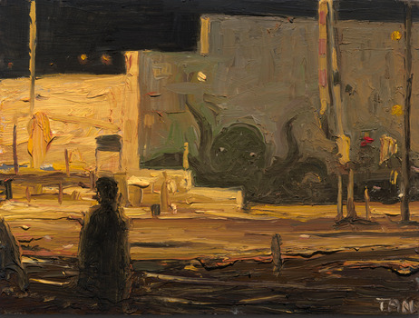 Painting of a Merri-bek streetscape with the shadow of an octopus on a wall