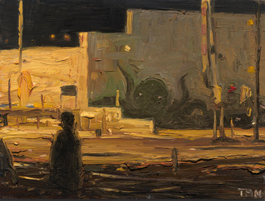 Painting of a Merri-bek streetscape with the shadow of an octopus on a wall