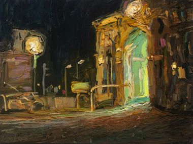 Painting of Jewell Station at night