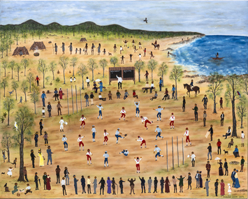 Acrylic painting on canvas of the first Australian Rules football game between Ballarat and Geelong is played as a parallel game of Marngrook takes place in the background. 