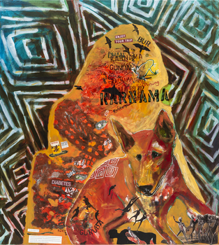 Painting of a dingo, mountain and patterns