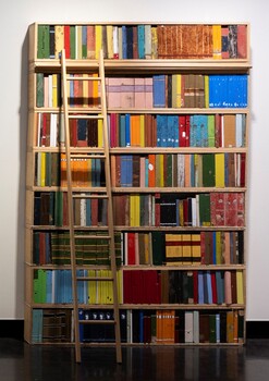 A bookcase with fake wooden books. 