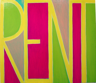 Yellow letters spell the word 'RENT' on a pink and green background
