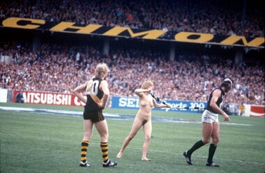 A streaker on a football field.
