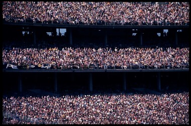 Photograph of fans at a football stadium. 