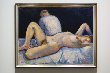 A painting of a nude woman and a dressed man with his back to her. 