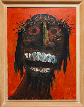 A painting of Jesus Christ laughing. He look evil and possessed. 