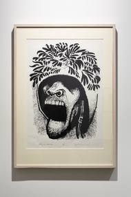 Print of a boy wearing a helmet. 