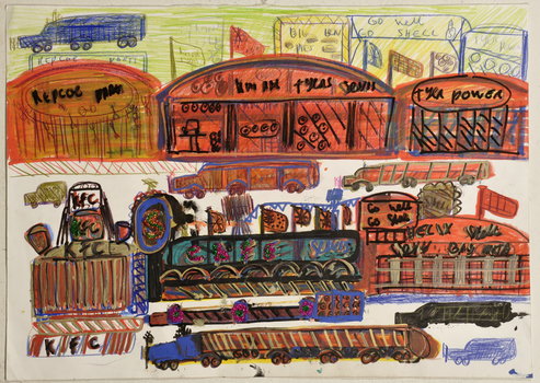 A naïve depiction of a street scene with car, trucks and buildings.   
