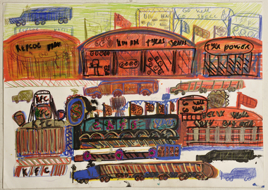A naïve depiction of a street scene with car, trucks and buildings.   