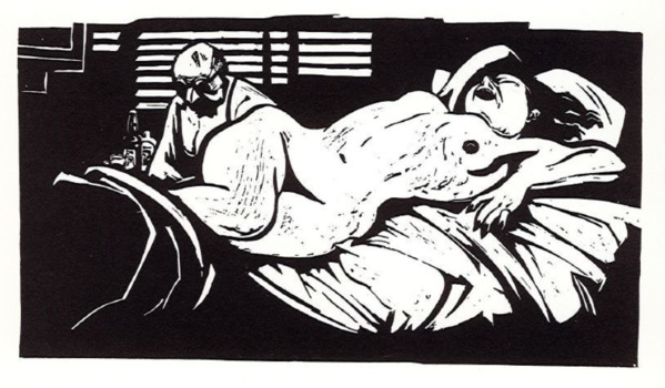 Linocut print of a laughing woman on bed, man in the background.