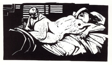 Linocut print of a laughing woman on bed, man in the background.