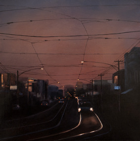 A painting of Lygon Street, Brunswick East at dusk. 