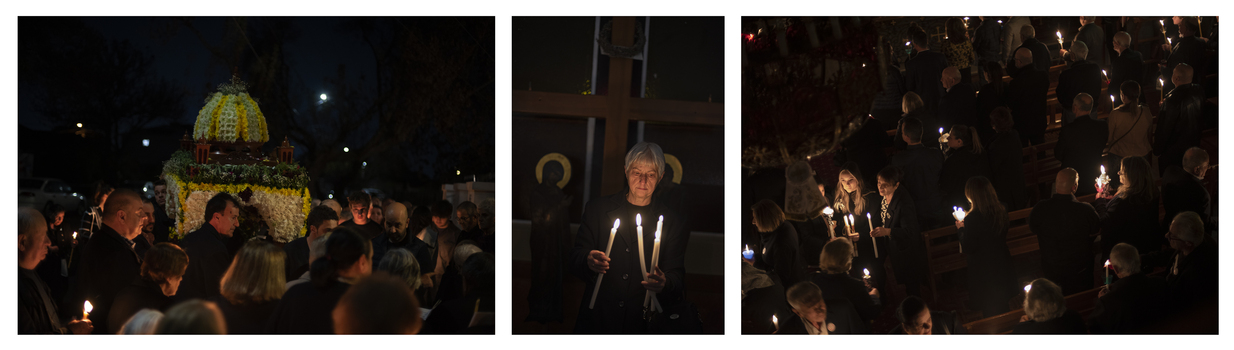 A photographic triptych of people attending a midnight mass. 