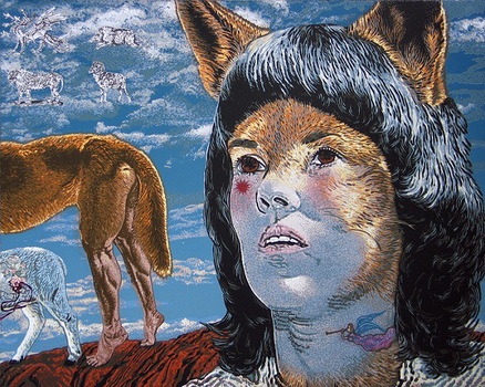 A linocut portrait of a woman with a dingo in the left-hand side