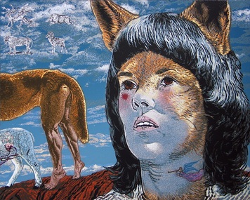 A linocut portrait of a woman with a dingo in the left-hand side