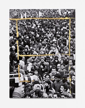 Gold lines on a black and white photograph of a crowd of people.