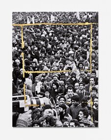 Gold lines on a black and white photograph of a crowd of people.