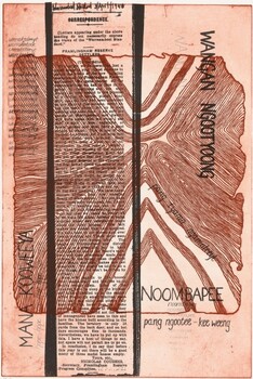 A lithograph of a newspaper clipping with a patterned overlay