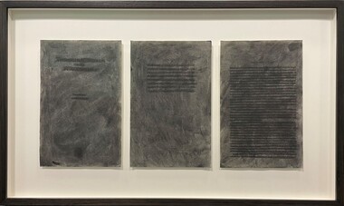 Three pages of a dictionary, which has been effaced by burning and charcoal