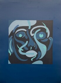 An abstract painting of a face on blue paper