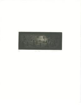 Print of three shadowy armless figure, dancing in a stylised dark forest.