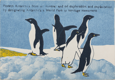 Five penguins standing on ice, each looking out from the centre in different directions.