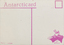 Rear of a post card. Divided into two halves by a pink line in the centre. In the top right corner is the outline of a small pink square for a stamp, and in the bottom right an image of the head of a penguin. 