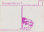 Rear of a post card. Divided into two halves by a pink line in the centre. In the top right corner is the outline of a small pink square for a stamp. In the bottom right of the card is a drawing of the head of a seal, which ends when it meets the centre line.