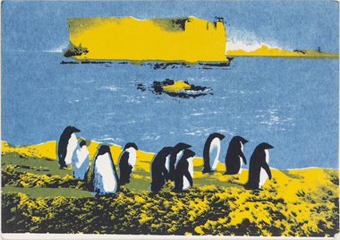 Nine penguins are standing in the front centre of the image. The ocean is in the background, in which floats a large iceberg. 