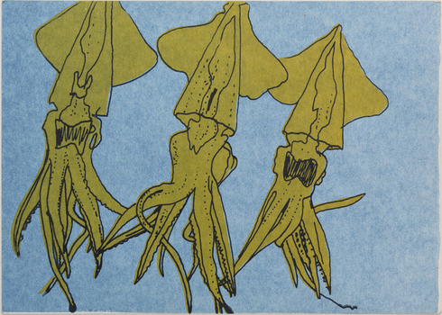 Three green squid on a blue background, slightly off centred towards the left.