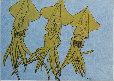 Three green squid on a blue background, slightly off centred towards the left.