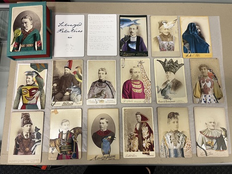 Portrait collages on casement cards.