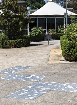 Pavers in a public space featuring a stylised flock of birds