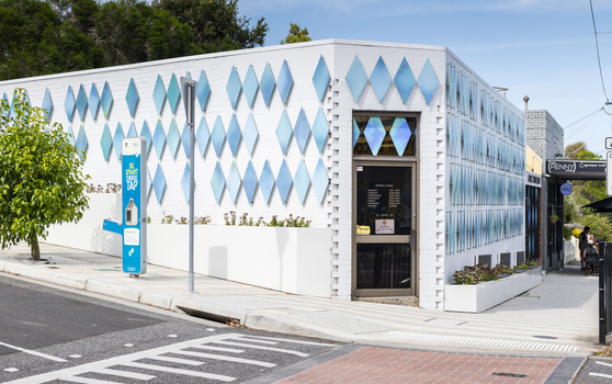 The exterior of a small library building covered in approximately 100 blue metal diamond shaped motifs. 