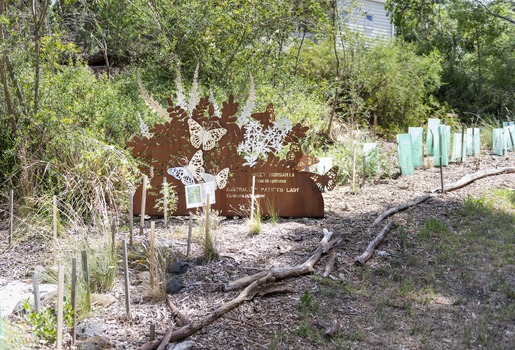 A large rusted cut out sculpture with native floral and emblems form the local area. It also includes 3 silver butterfly's. It is located in a bush setting along a creek.