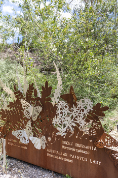 A large rusted cut out sculpture with native floral and emblems form the local area. It also includes 3 silver butterfly's. It is located in a bush setting along a creek.