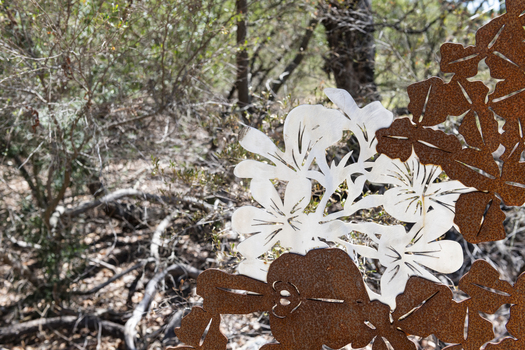 A large rusted cut out sculpture with native floral emblems form the local area. it is located in a bush setting along a creek.